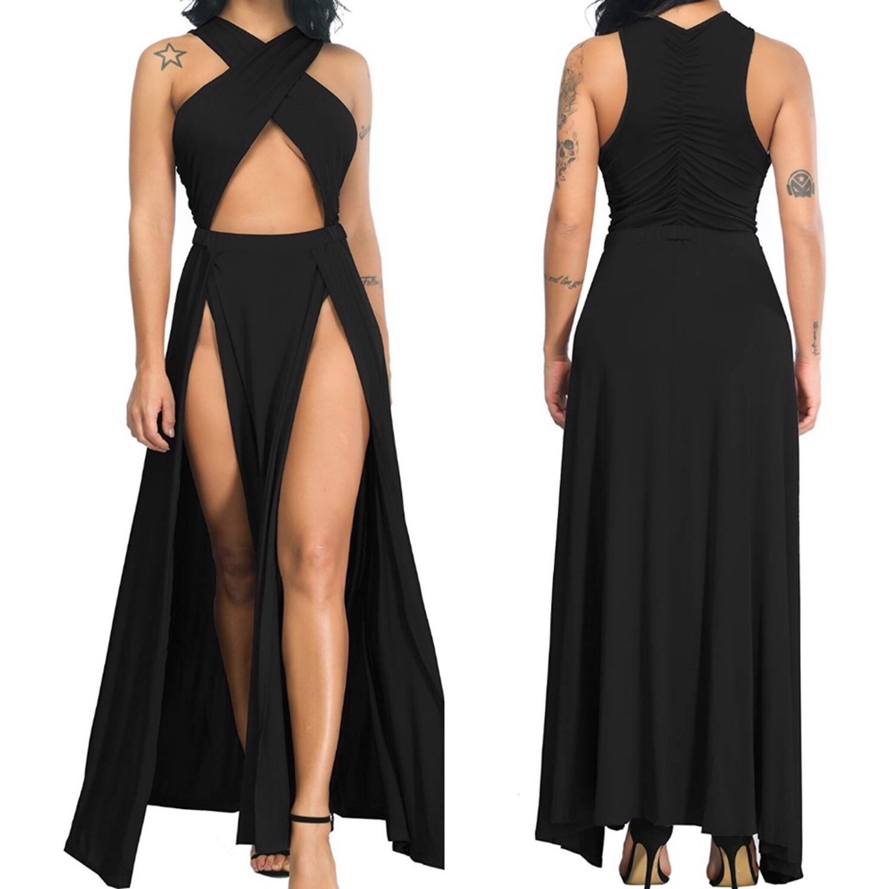 💕VEGAS NIGHTS BLACK THIGH HIGH MAXI DRESS *NWT*